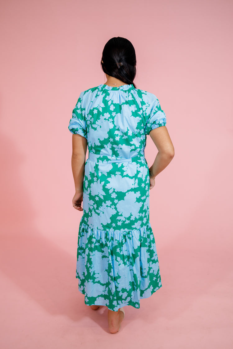 Blue and Green Floral Waist Tie Dress Jaxe + Grace Boutique