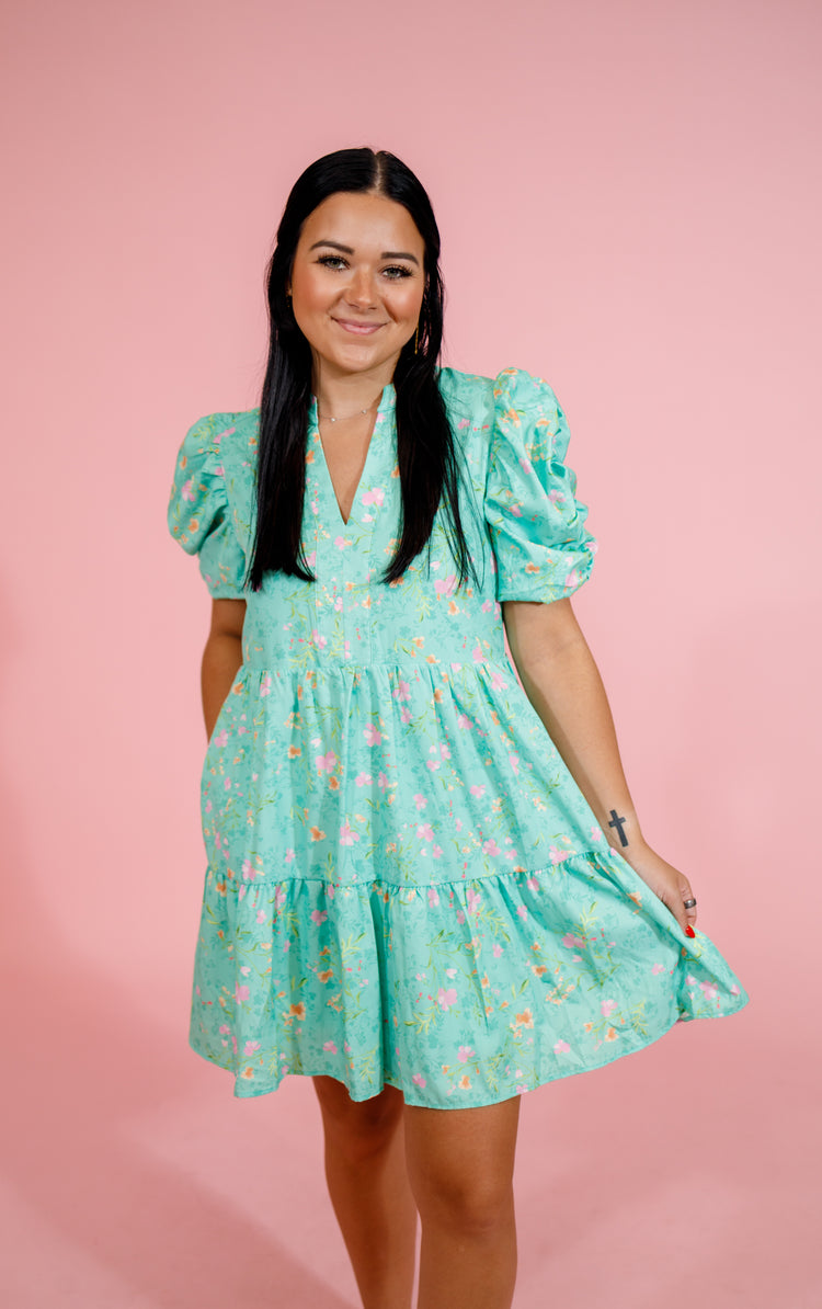 Mint Floral Tiered Puff Sleeve Dress Jaxe + Grace Boutique