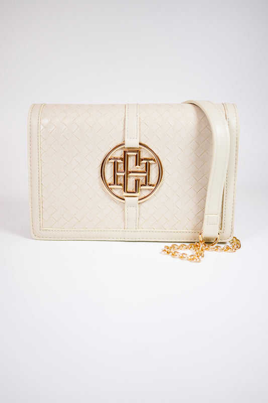 Caroline Hill - Cecilia Circle Logo Handbag - WOVEN ALMOND Jaxe + Grace Boutique