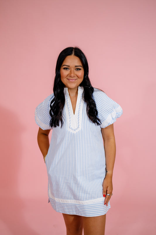 Blue Stripe Puff Sleeve Dress Jaxe + Grace Boutique