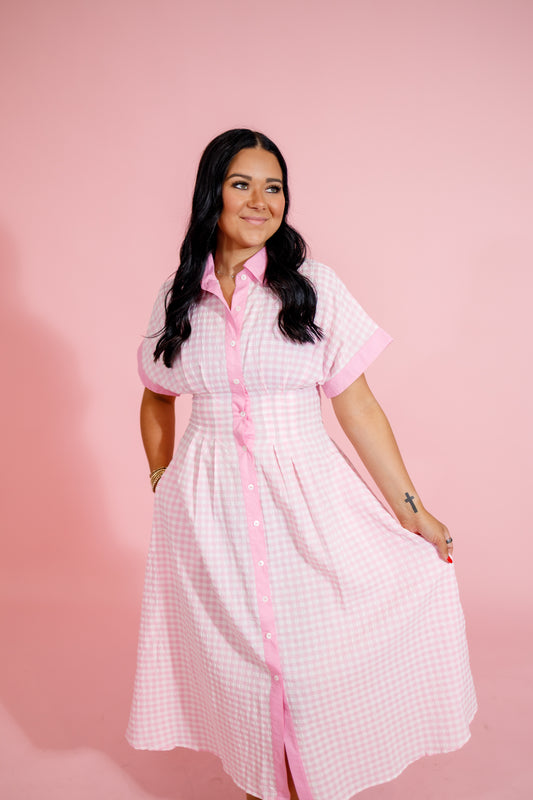 Pink Gingham Button Down Midi Dress Jaxe + Grace Boutique