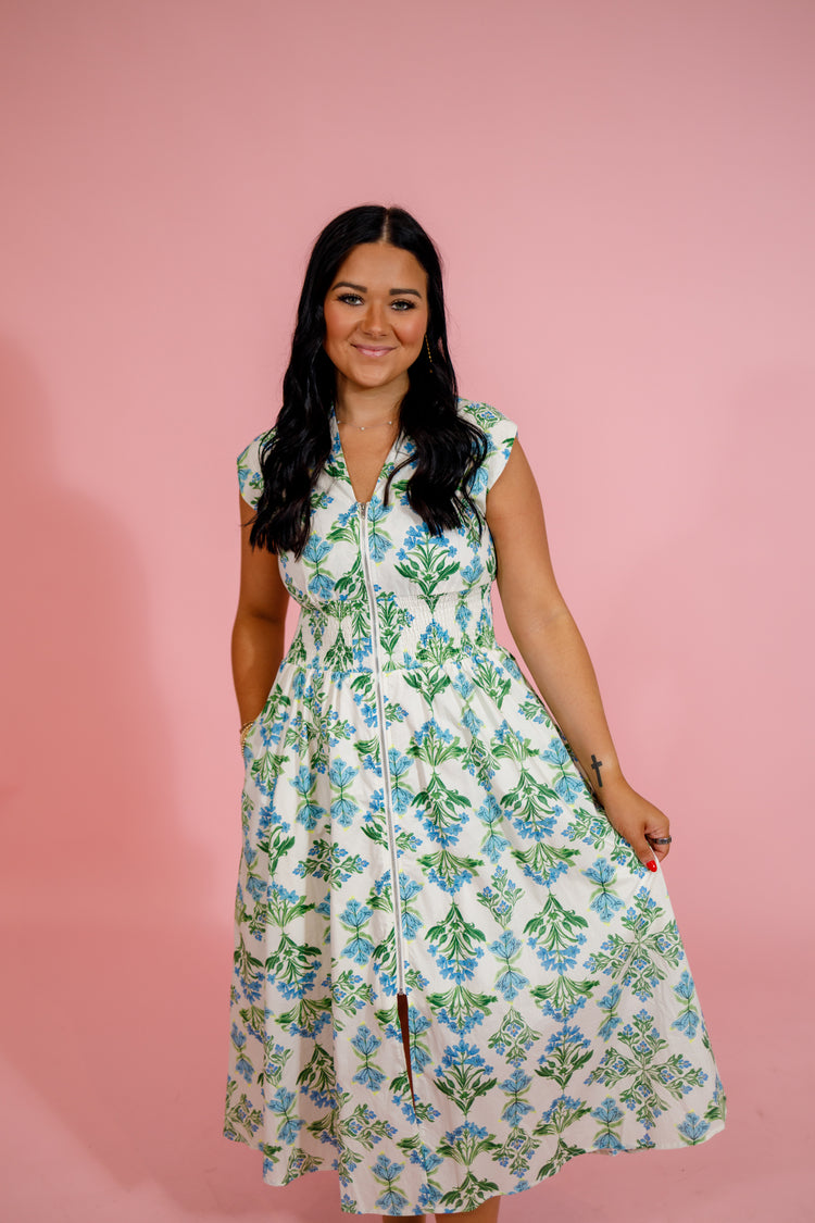Blue and Green Floral Smocked Waist Zip Midi Dress Jaxe + Grace Boutique