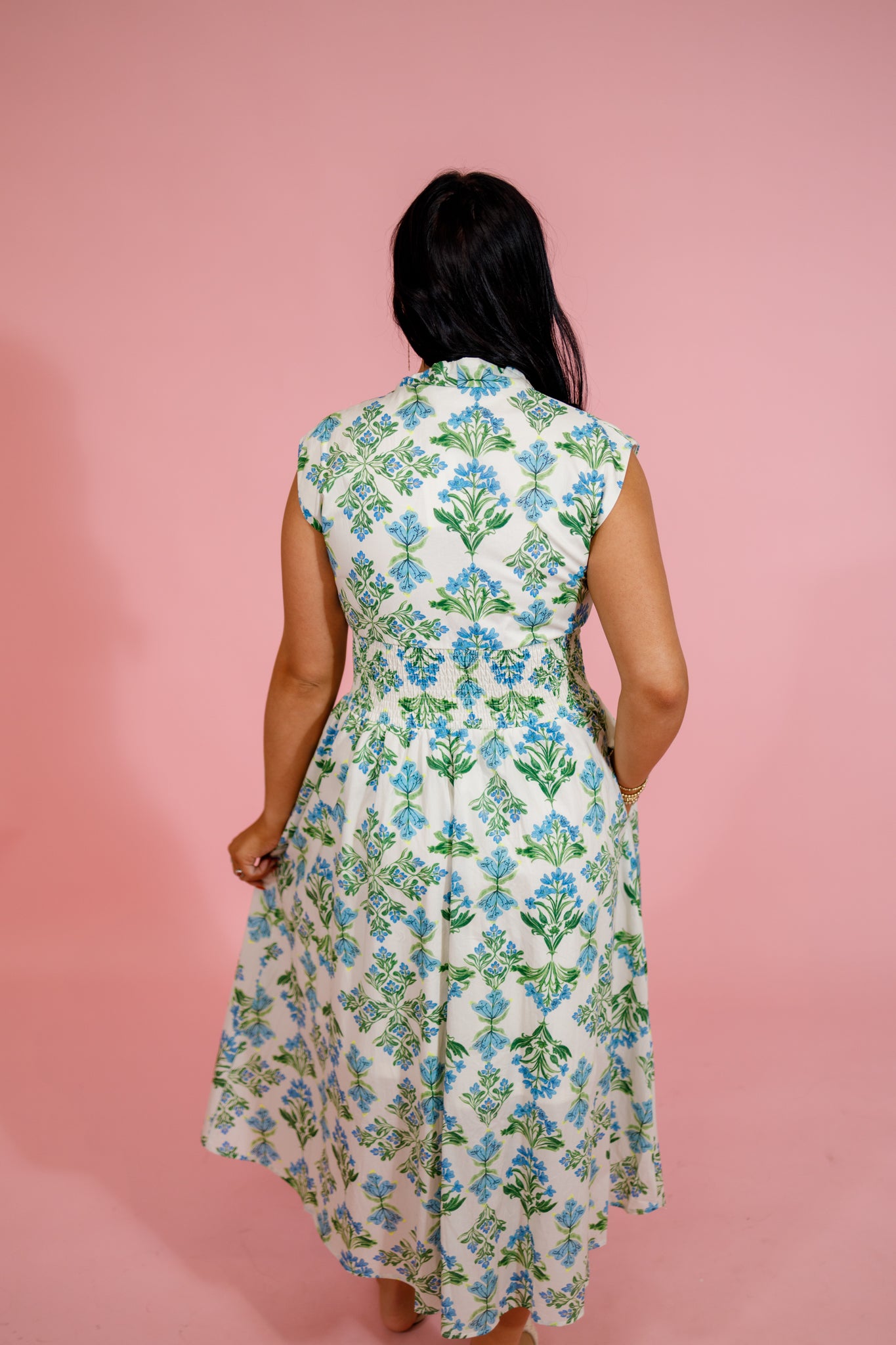 Blue and Green Floral Smocked Waist Zip Midi Dress Jaxe + Grace Boutique