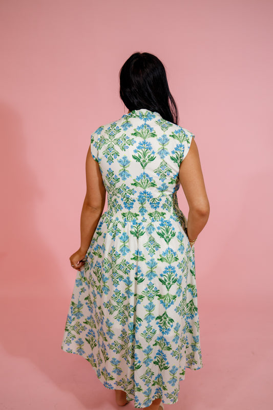 Blue and Green Floral Smocked Waist Zip Midi Dress Jaxe + Grace Boutique