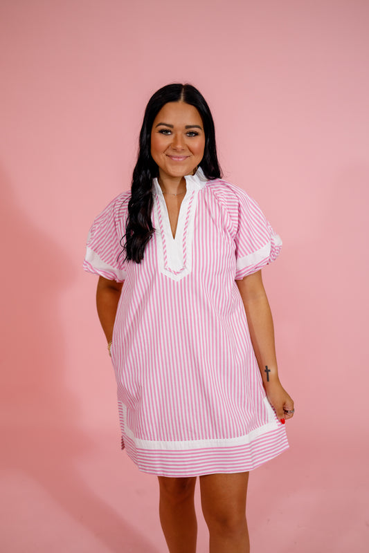 Pink Stripe Puff Sleeve Dress Jaxe + Grace Boutique