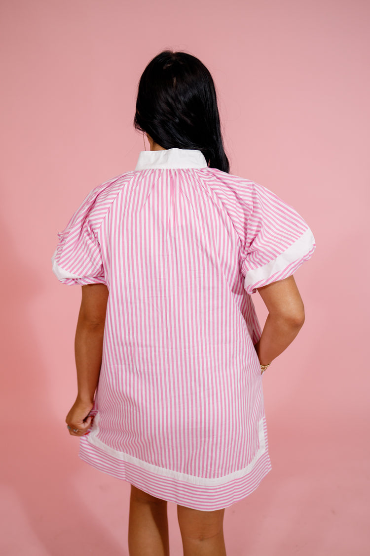 Pink Stripe Puff Sleeve Dress Jaxe + Grace Boutique