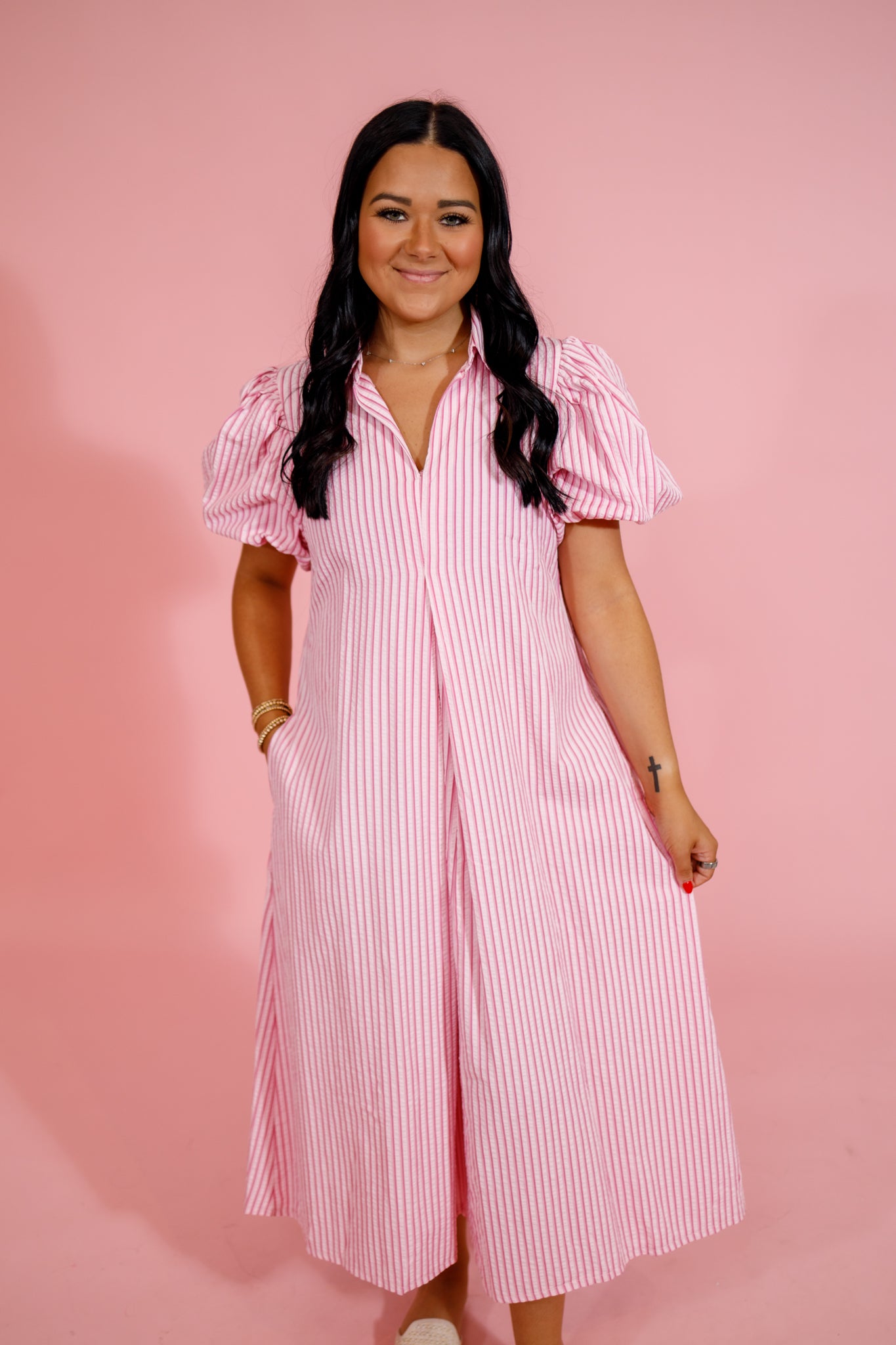 Pink Stripe Collar Puff Sleeve Midi Dress Jaxe + Grace Boutique