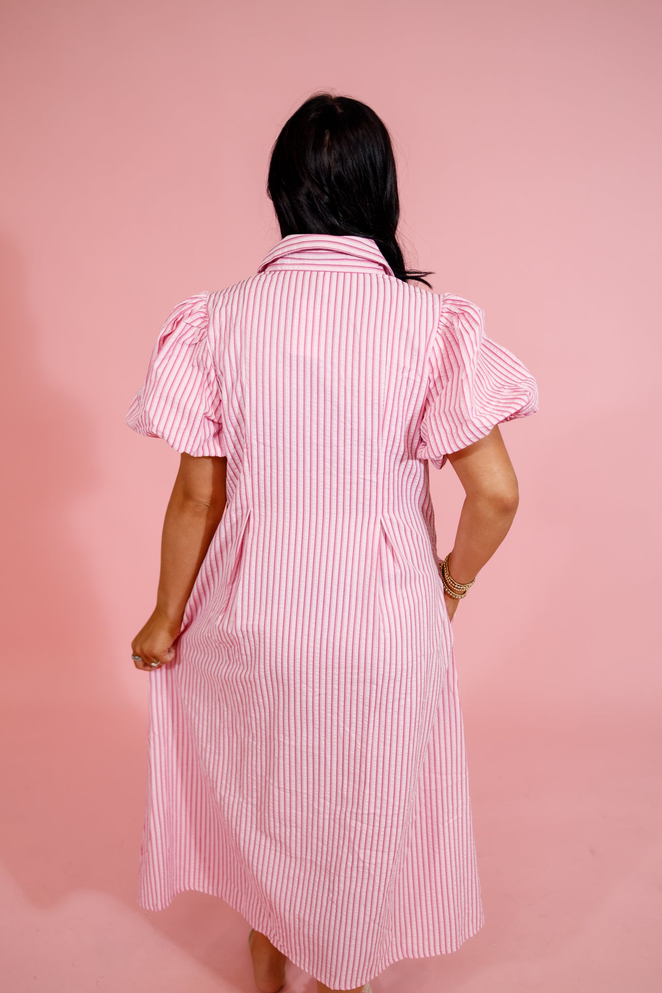 Pink Stripe Collar Puff Sleeve Midi Dress Jaxe + Grace Boutique