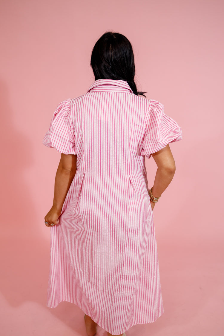 Pink Stripe Collar Puff Sleeve Midi Dress Jaxe + Grace Boutique