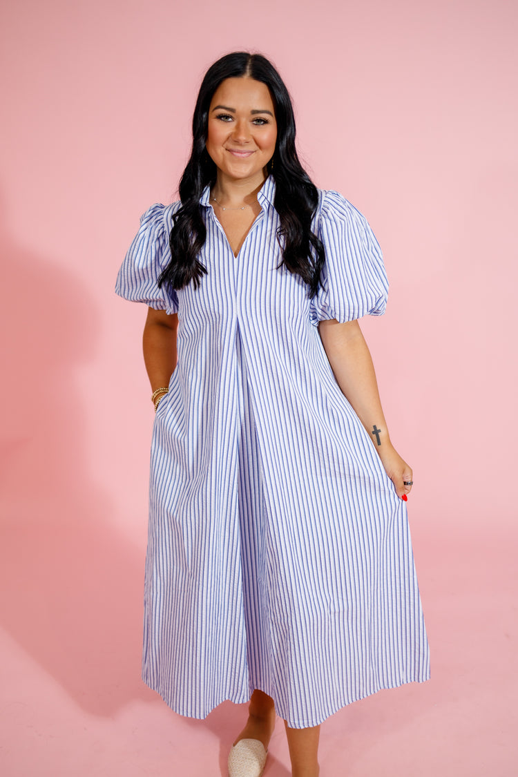 Blue Stripe Collar Puff Sleeve Midi Dress Jaxe + Grace Boutique