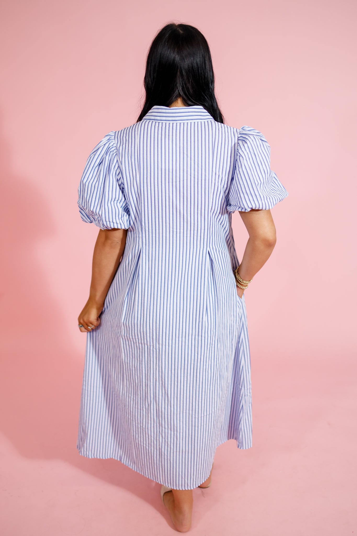 Blue Stripe Collar Puff Sleeve Midi Dress Jaxe + Grace Boutique