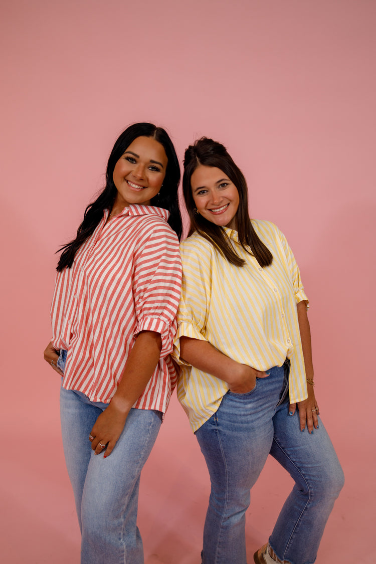 Button Down Stripe Oversized Boxy Top, LEMON Jaxe + Grace Boutique