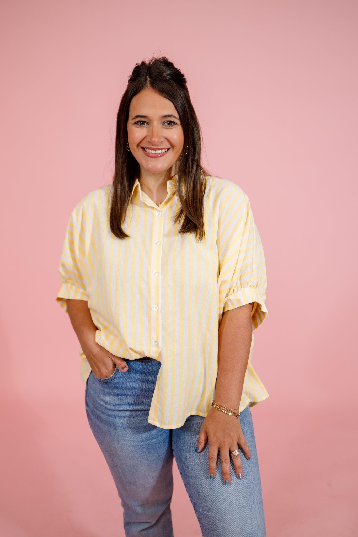 Button Down Stripe Oversized Boxy Top, LEMON Jaxe + Grace Boutique