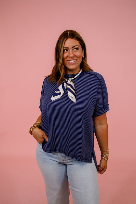 Ribbed Cuff Sleeve Top, NAVY, S-3XL Jaxe + Grace Boutique