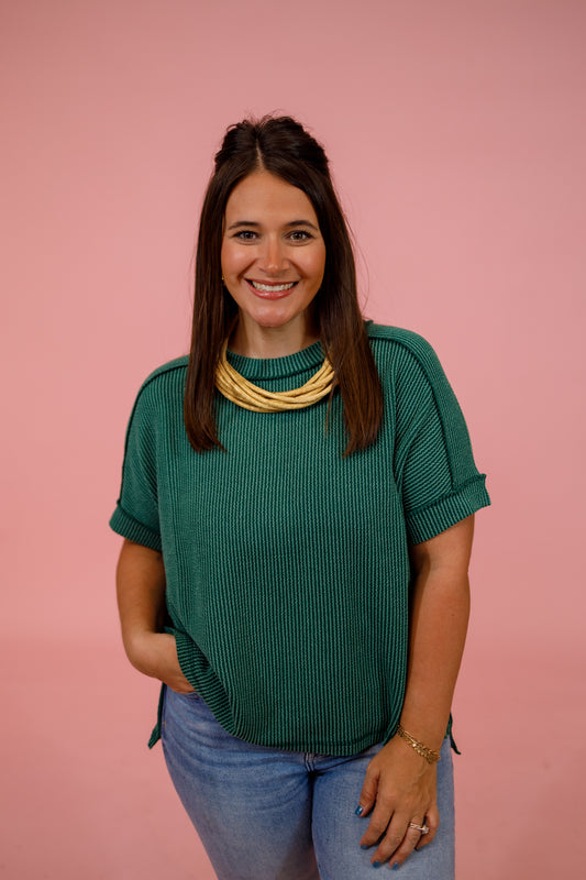 Ribbed Cuff Sleeve Top, HUNTER GREEN Jaxe + Grace Boutique