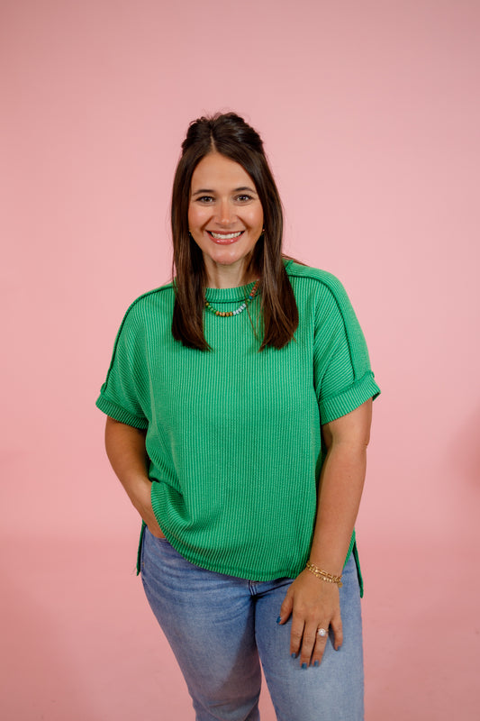 Ribbed Cuff Sleeve Top, K GREEN, S-3XL Jaxe + Grace Boutique