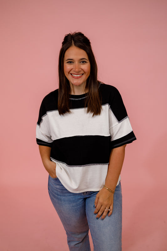 French Terry Color Block Exposed Seam Top, BLACK Jaxe + Grace Boutique
