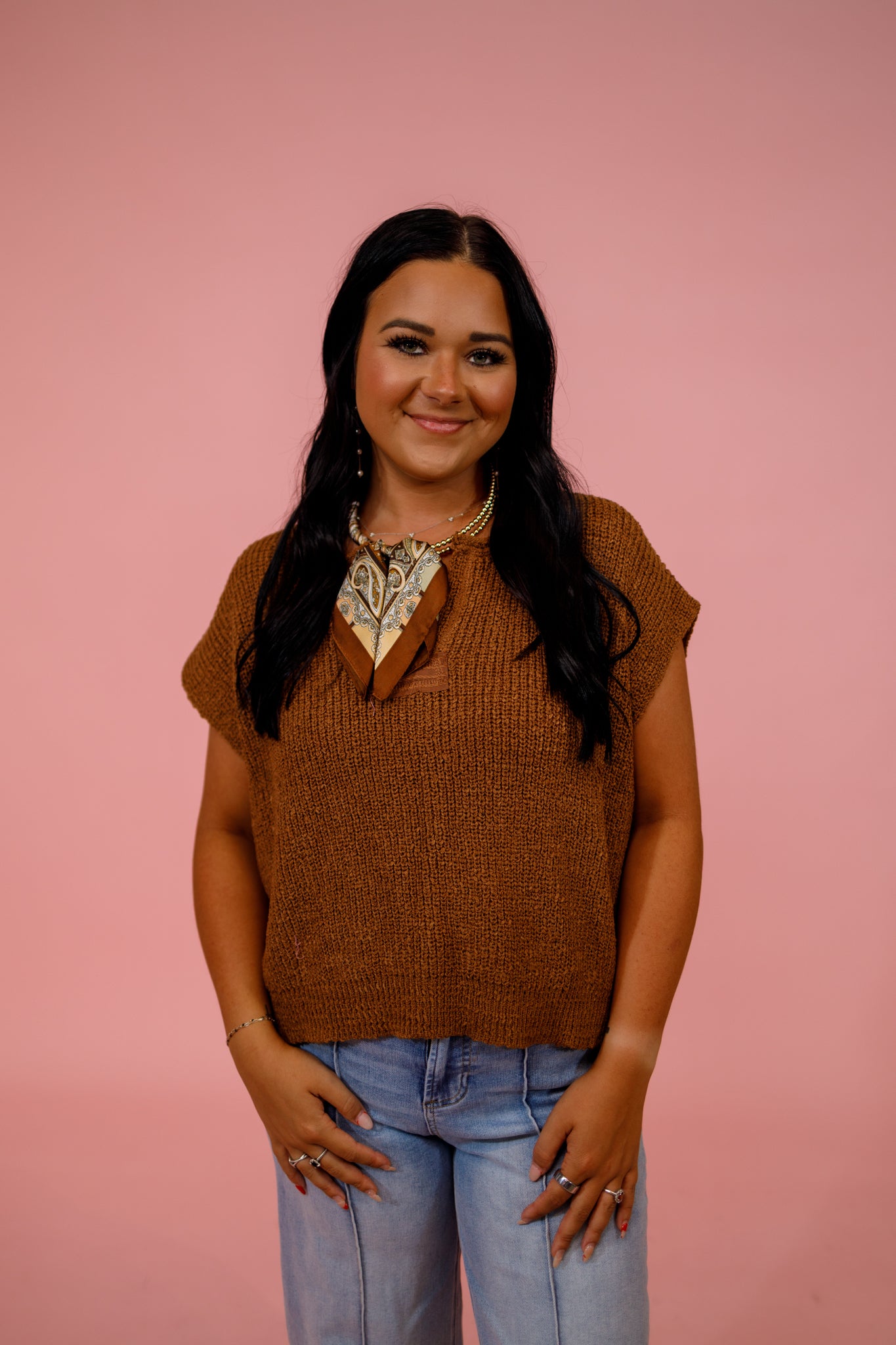 Knit Split Neck Side Slit Top, DEEP CAMEL Jaxe + Grace Boutique