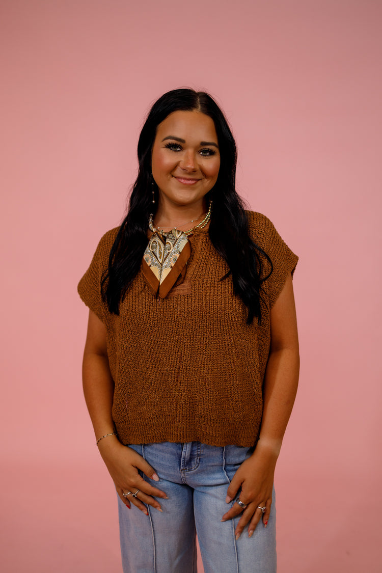 Knit Split Neck Side Slit Top, DEEP CAMEL Jaxe + Grace Boutique