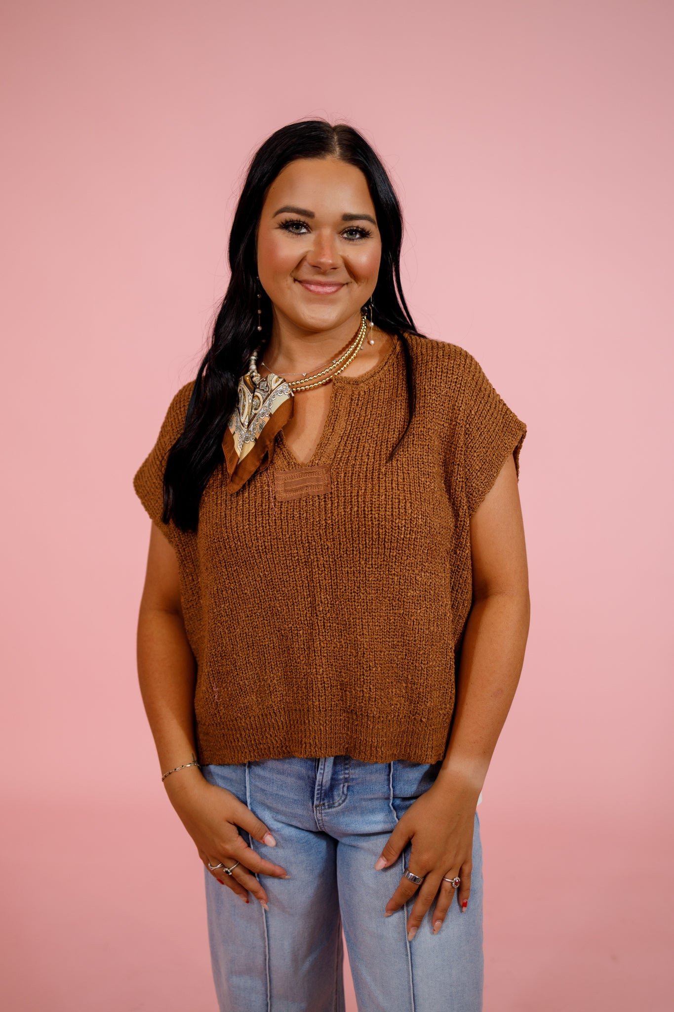 Knit Split Neck Side Slit Top, DEEP CAMEL Jaxe + Grace Boutique