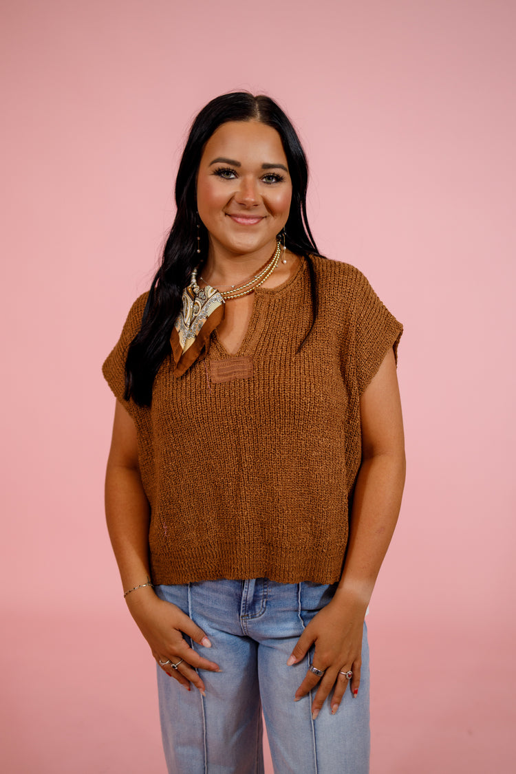 Knit Split Neck Side Slit Top, DEEP CAMEL Jaxe + Grace Boutique