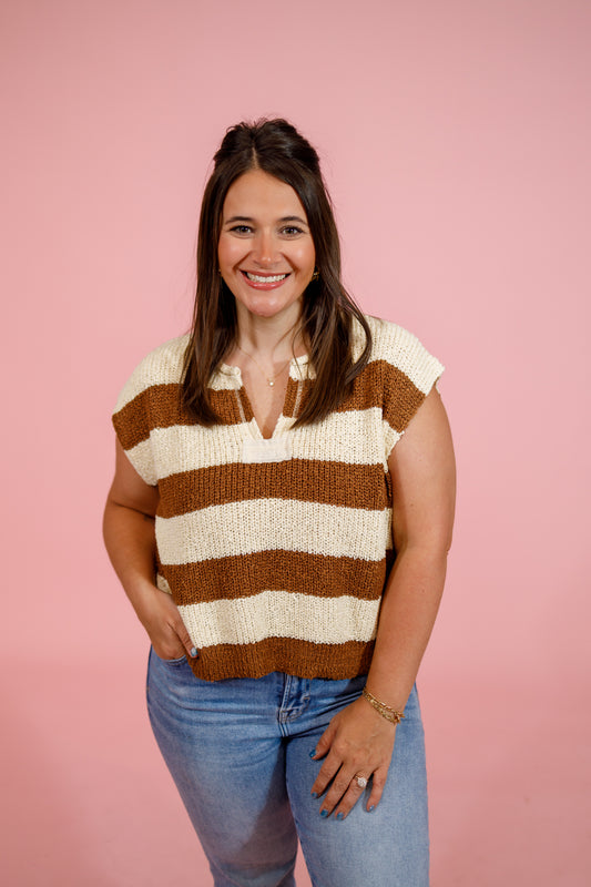Slit Neck Striped Sleeveless Knit Top, DEEP CAMEL Jaxe + Grace Boutique