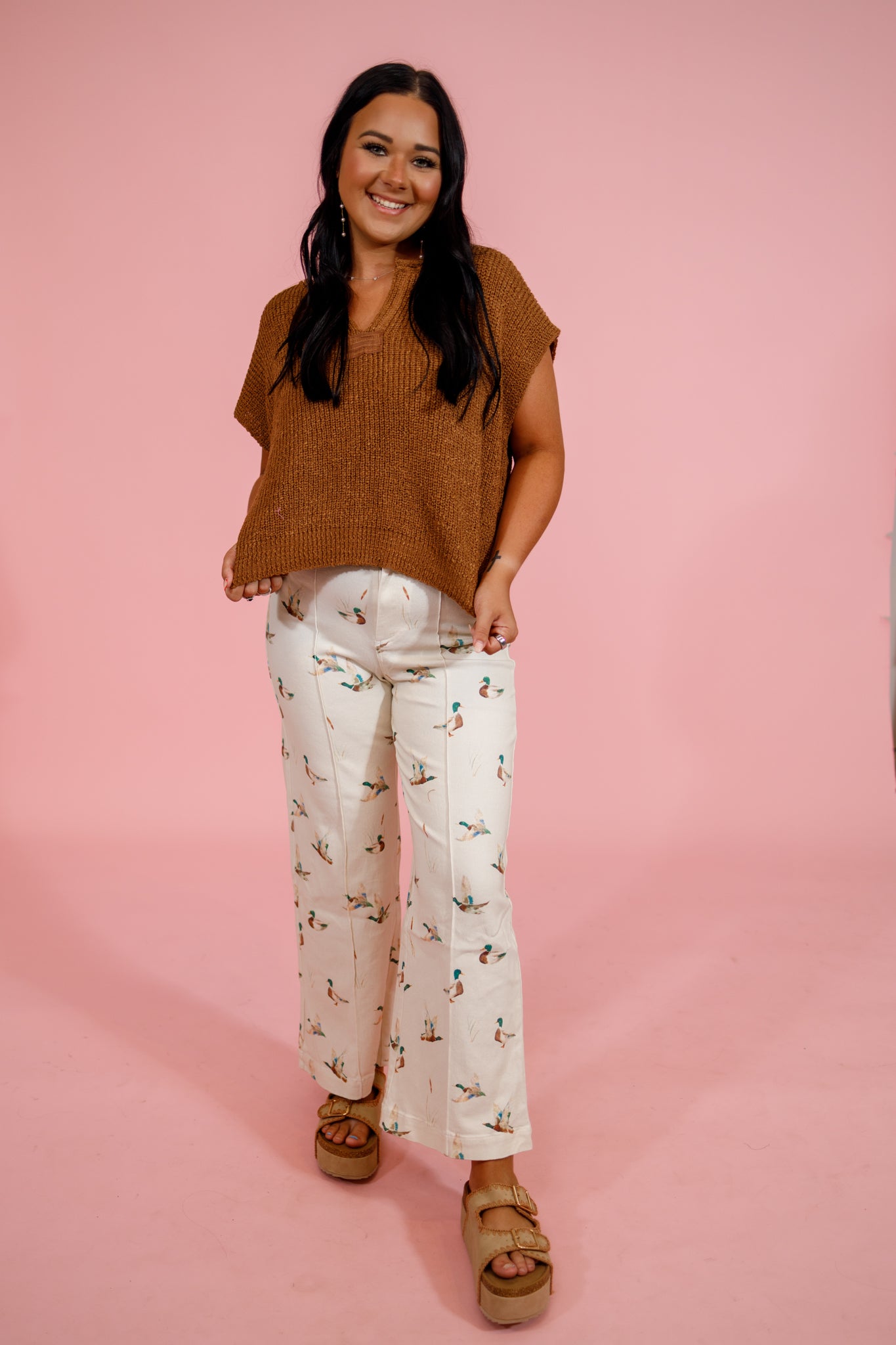 Mallard Printed Stretch Denim Wide Leg Jeans Jaxe + Grace Boutique