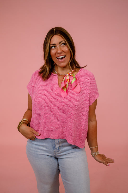 Knit Split Neck Side Slit Top, CANDY PINK Jaxe + Grace Boutique