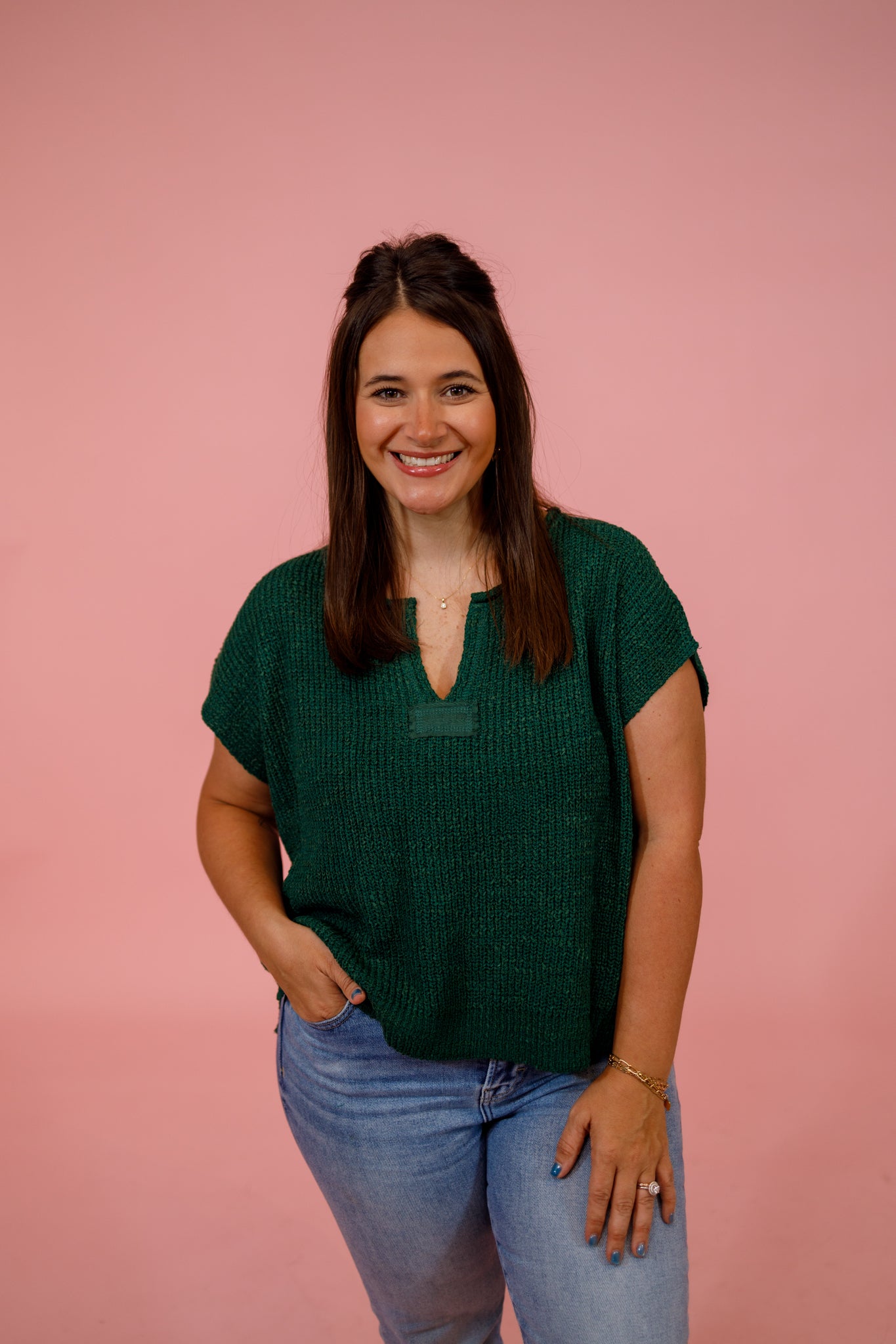 Knit Split Neck Side Slit Top, DK GREEN Jaxe + Grace Boutique