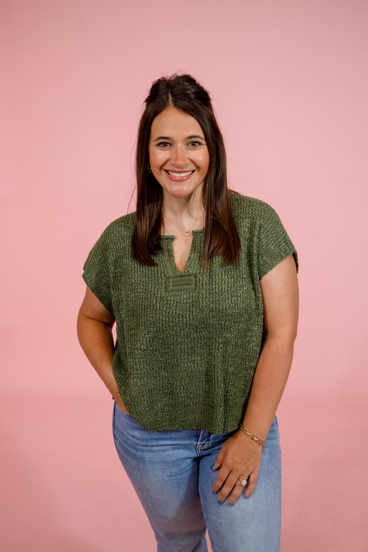 Knit Split Neck Side Slit Top, LT. OLIVE Jaxe + Grace Boutique