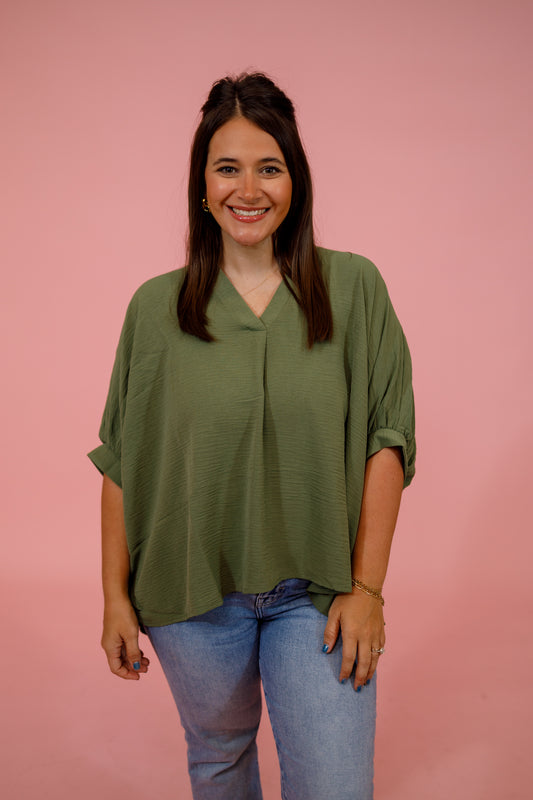 Woven V-neck Puff Half Sleeve Top, LT. OLIVE, S-3XL Jaxe + Grace Boutique