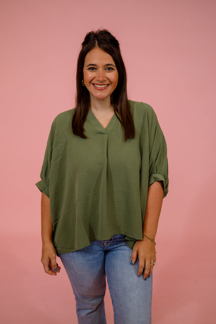 Woven V-neck Puff Half Sleeve Top, LT. OLIVE, S-3XL Jaxe + Grace Boutique