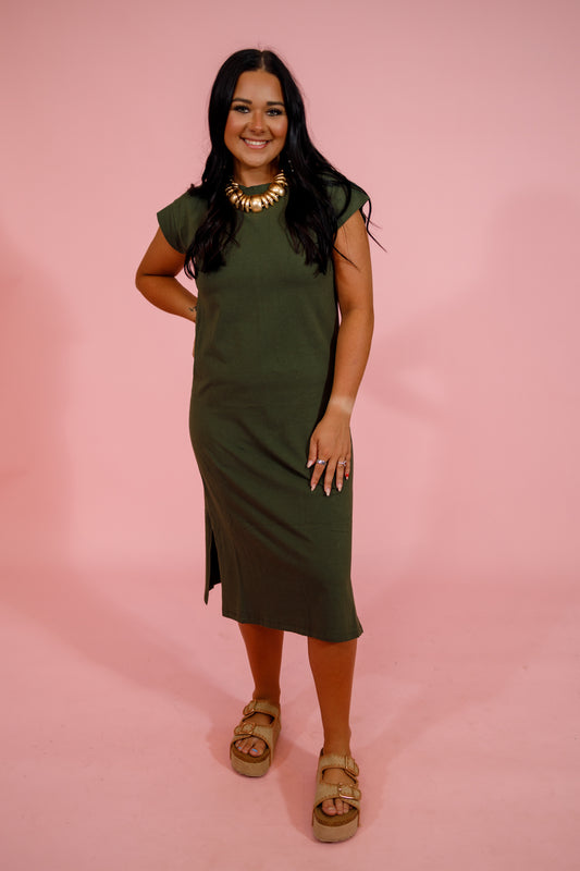 Round Neck Short Sleeve Midi Dress, DK OLIVE Jaxe + Grace Boutique