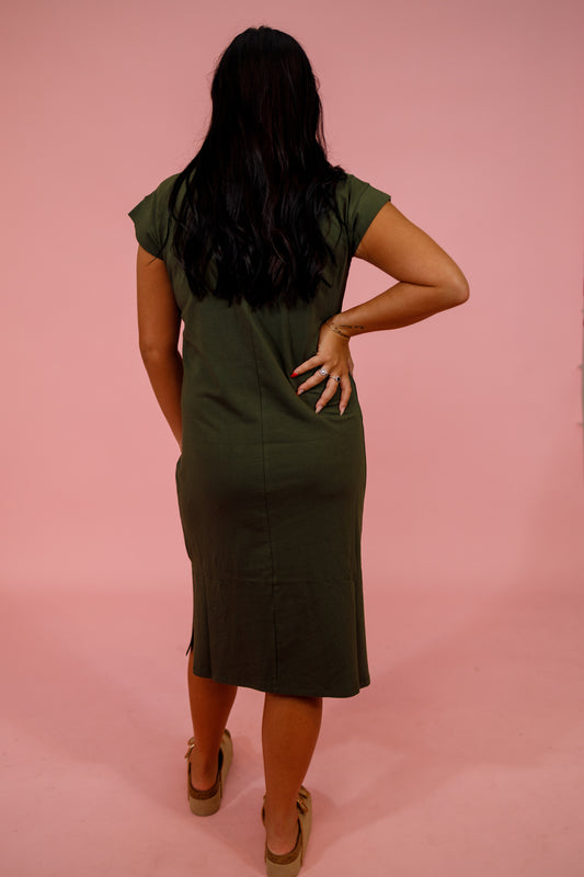 Round Neck Short Sleeve Midi Dress, DK OLIVE Jaxe + Grace Boutique