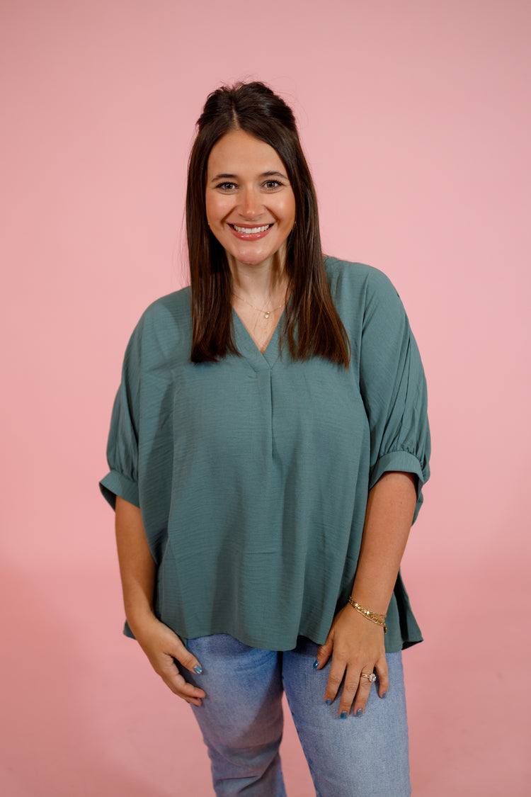 Woven V-neck Puff Half Sleeve Top, ASH JADE, S-3XL Jaxe + Grace Boutique