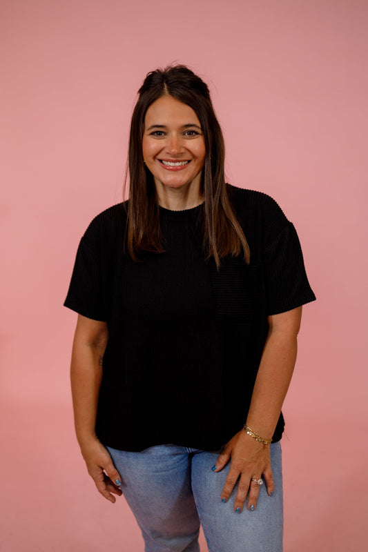 Ribbed Front Pocket Top, BLACK, S-3XL Jaxe + Grace Boutique