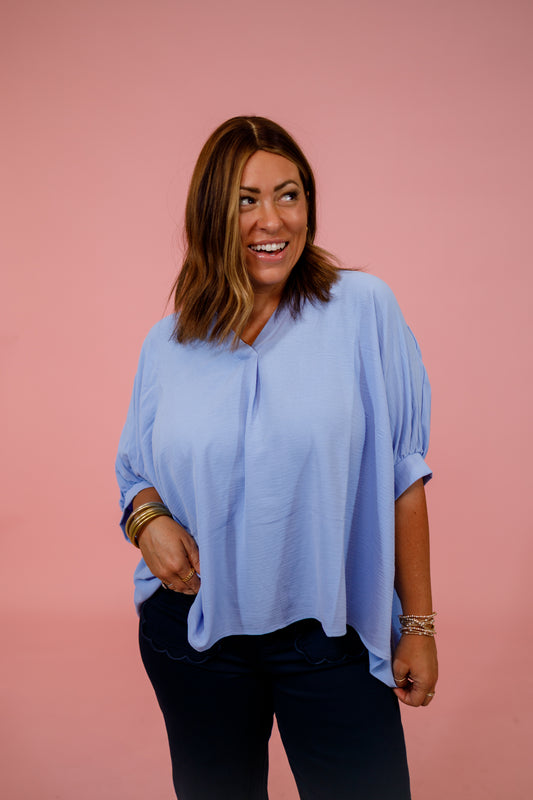 Woven V-neck Puff Half Sleeve Top, SPRING BLUE Jaxe + Grace Boutique