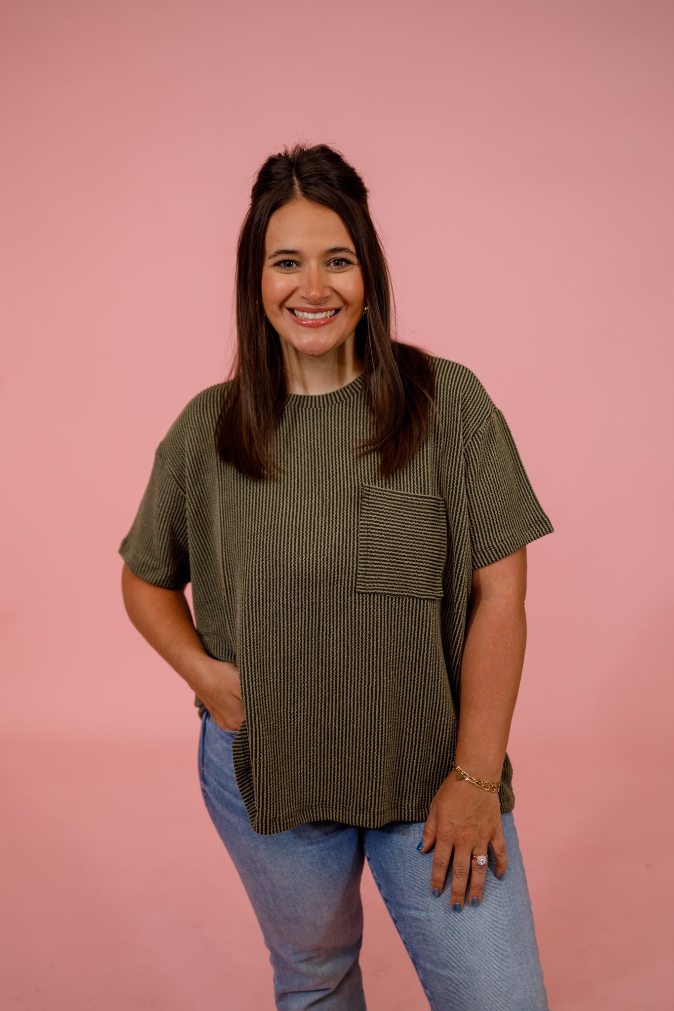 Ribbed Front Pocket Top, DK OLIVE Jaxe + Grace Boutique