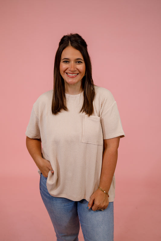 Ribbed Front Pocket Top, SAND BEIGE, S-3XL Jaxe + Grace Boutique
