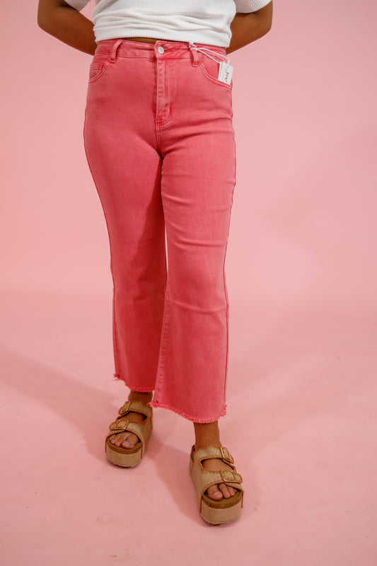 Z Acid Wash Crop Flare Jeans, FUCHSIA Jaxe + Grace Boutique