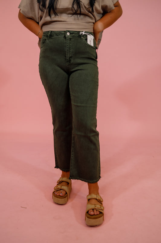 Z Acid Wash Crop Flare Jeans, DK OLIVE Jaxe + Grace Boutique