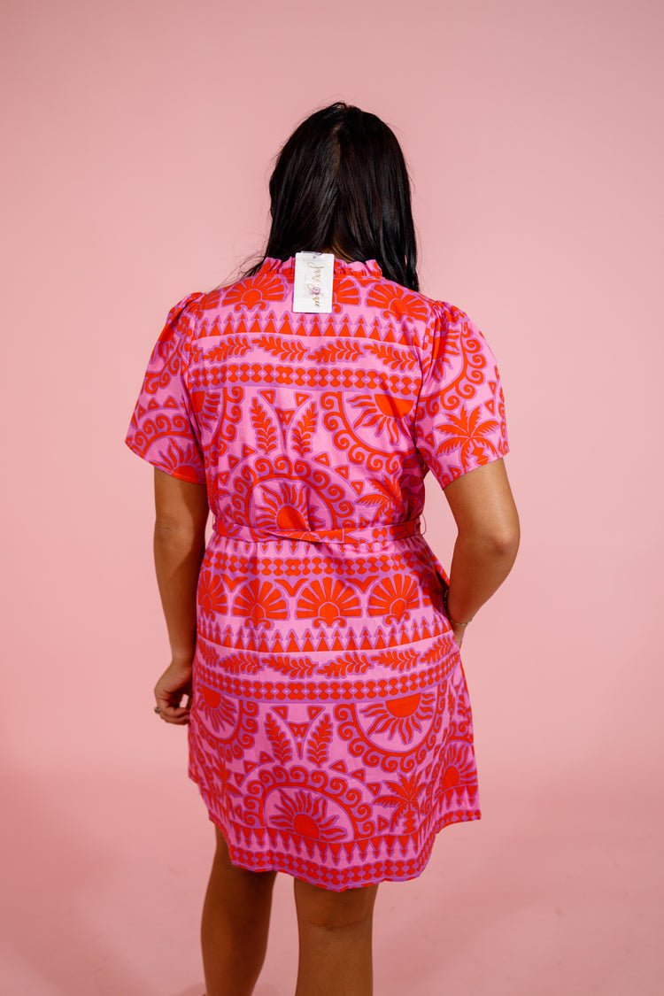 Pink and Orange Tropical Pattern Waist Tie Dress Jaxe + Grace Boutique