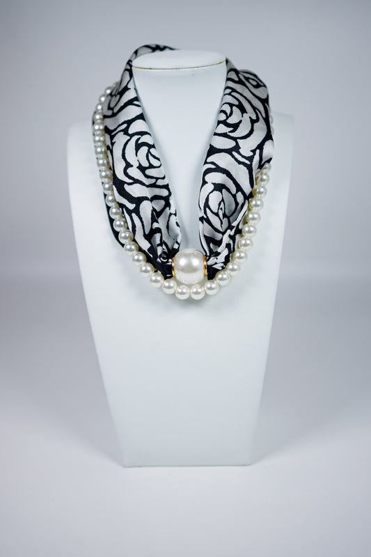 Pearl Magnetic Silk Scarf Necklace Set, BLACK FLORAL Jaxe + Grace Boutique