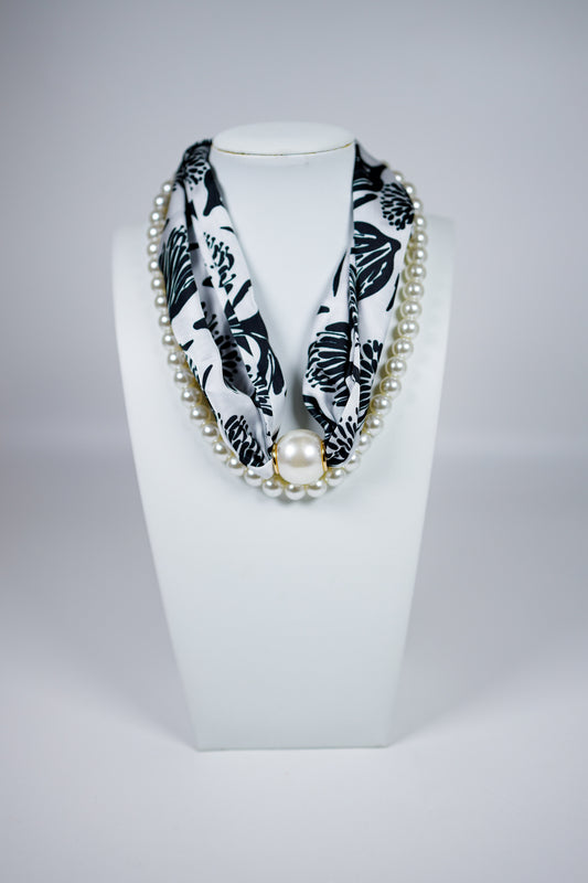 Pearl Magnetic Silk Scarf Necklace Set, BLACK & WHITE PATTERN Jaxe + Grace Boutique