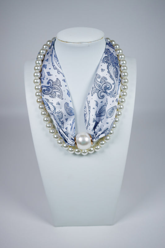Pearl Magnetic Silk Scarf Necklace Set, BLUE PATTERN Jaxe + Grace Boutique