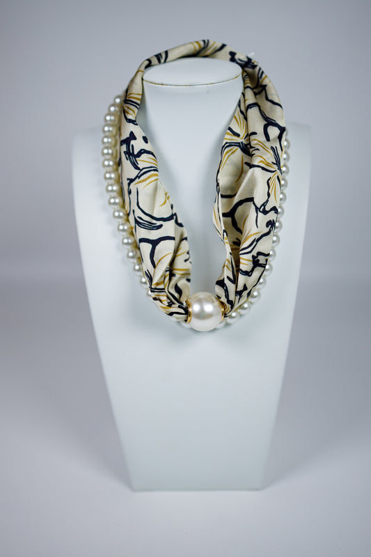 Pearl Magnetic Silk Scarf Necklace Set, BLACK & GOLD FLORAL Jaxe + Grace Boutique