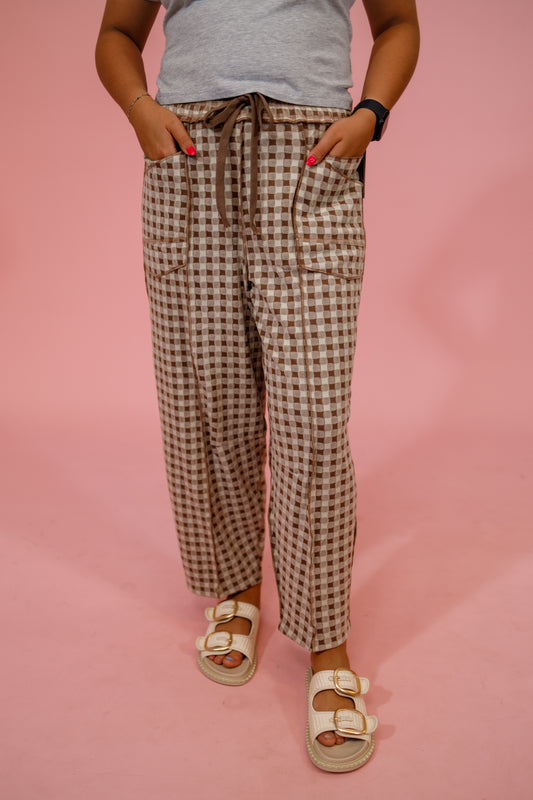 Soft Brushed Gingham Barrel Knit Pants, MOCHA Jaxe + Grace Boutique