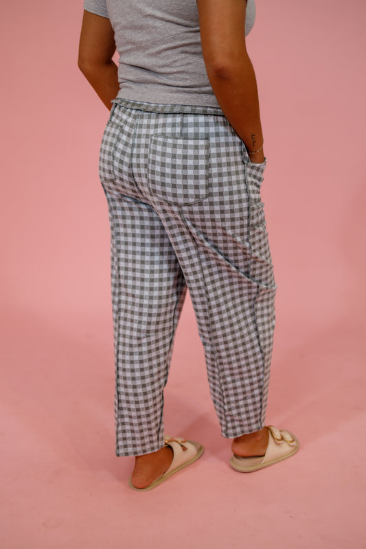 Soft Brushed Gingham Barrel Knit Pants, BLUE GREY Jaxe + Grace Boutique