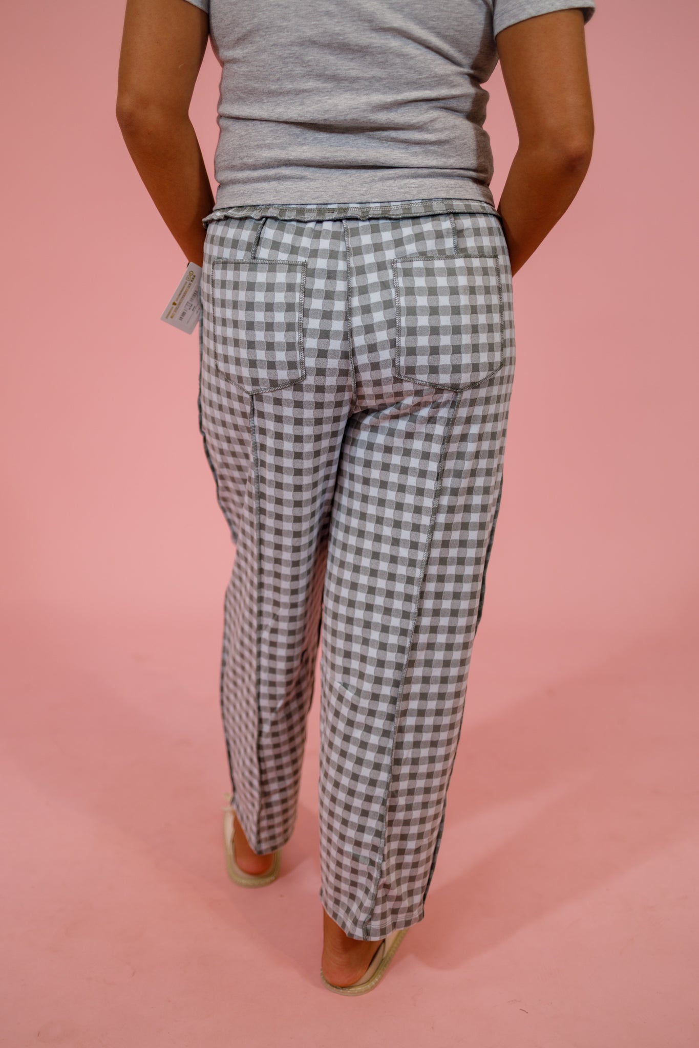 Soft Brushed Gingham Barrel Knit Pants, BLUE GREY Jaxe + Grace Boutique