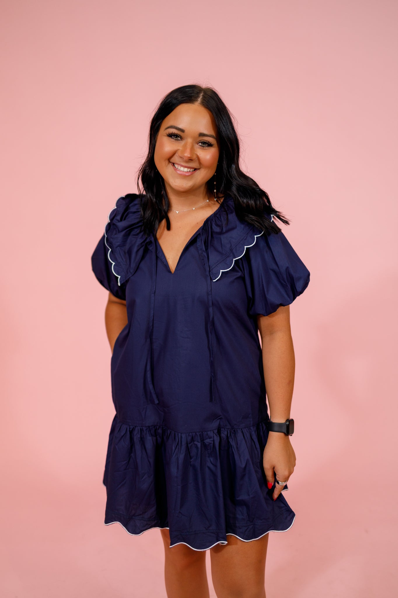 Navy Scallop Edge Poplin Dress Jaxe + Grace Boutique